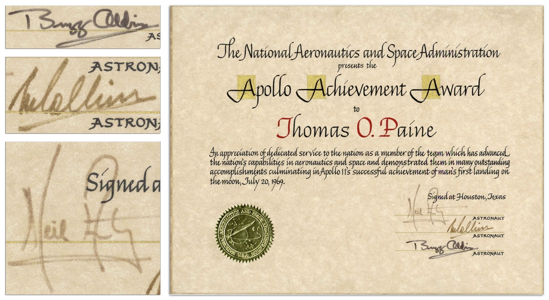 Apollo 11 Crew Signed ''Apollo Achievement Award'' to Thomas O. Paine, Famed NASA Administrator During Apollo 11 -- With Steve Zarelli COA